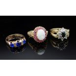 THREE 9CT GOLD RINGS comprising sapphire & diamond chip ring (size O), opal & ruby ring (size M),