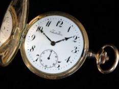 12K GOLD SLIM HUNTER POCKET WATCH, the white enamel dial marked 'Initiative' having subsidiary