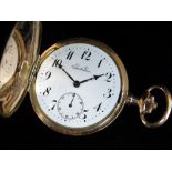 12K GOLD SLIM HUNTER POCKET WATCH, the white enamel dial marked 'Initiative' having subsidiary