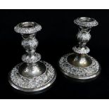 PAIR VICTORIAN OLD SHEFFIELD PLATE CANDLESTICKS, profusely ornamented in embossed acanthus