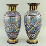 UNUSUAL PAIR DOULTON EARTHENWARE FAIENCE & SLATERS PATENT VASES, with stiff-leaf painted necks, lace
