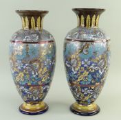 UNUSUAL PAIR DOULTON EARTHENWARE FAIENCE & SLATERS PATENT VASES, with stiff-leaf painted necks, lace