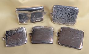 FIVE SIMILAR SILVER VESTA CASES of rectangular form, all engraved, Birmingham hallmarks, early