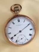 GEORGE V 9CT GOLD OPEN FACE POCKET WATCH, the white enamel dial having subsidiary seconds dial and