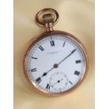 GEORGE V 9CT GOLD OPEN FACE POCKET WATCH, the white enamel dial having subsidiary seconds dial and