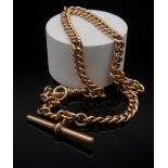 9CT GOLD ALBERT WATCH CHAIN, curb link with T-bar, 36.5cms long, 39.9gms