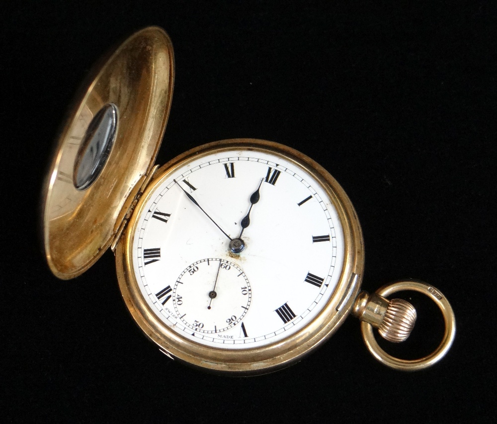 GEORGE V 9CT GOLD HALF HUNTER POCKET WATCH, the white enamel dial with subsidiary seconds dial and