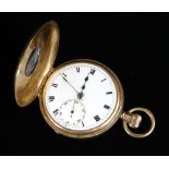 GEORGE V 9CT GOLD HALF HUNTER POCKET WATCH, the white enamel dial with subsidiary seconds dial and
