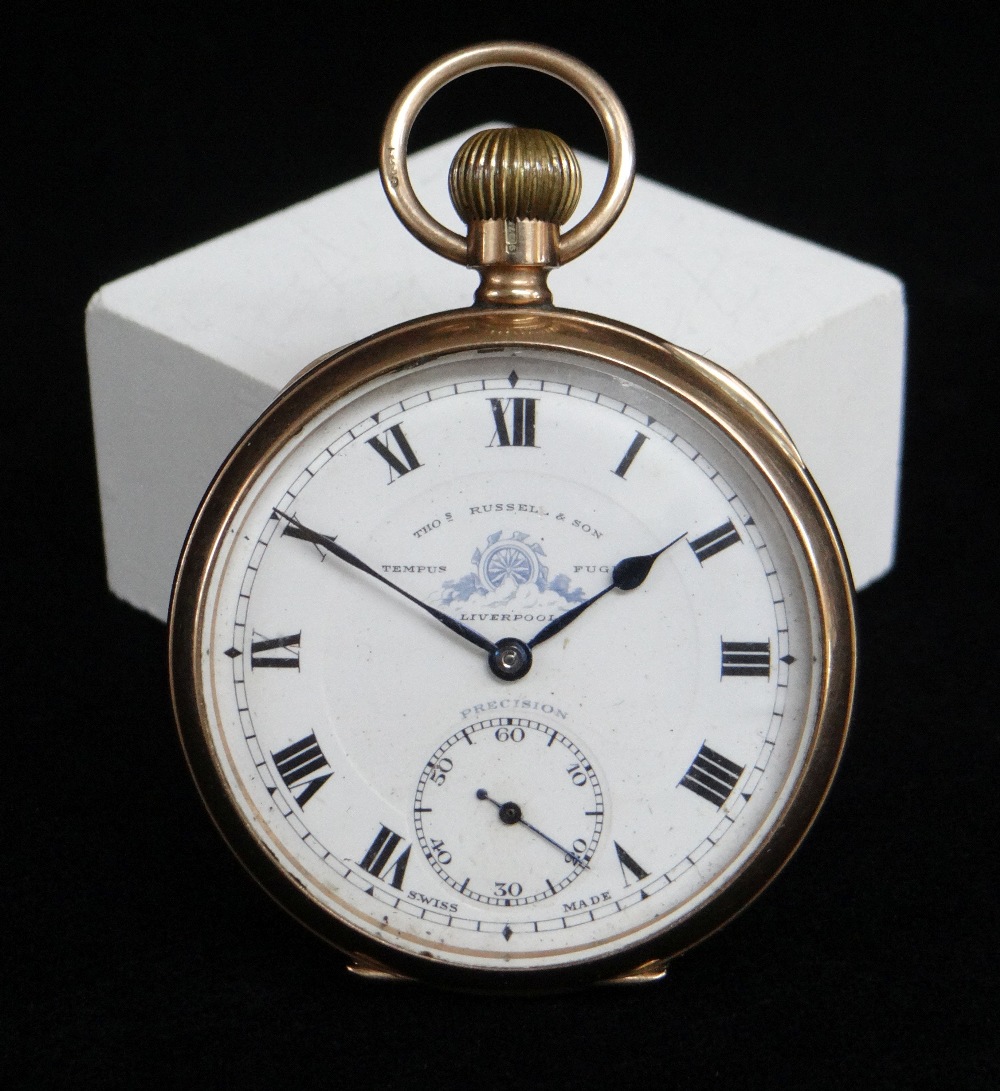 GEORGE V 9CT GOLD OPEN FACE POCKET WATCH, top wind, the white enamel dial having Roman numerals,