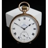 GEORGE V 9CT GOLD OPEN FACE POCKET WATCH, top wind, the white enamel dial having Roman numerals,