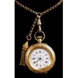 18K GOLD & ENAMEL SIDE WIND FOB WATCH, overall engraved, 36.4gms, together with yellow metal chain