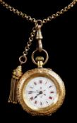 18K GOLD & ENAMEL SIDE WIND FOB WATCH, overall engraved, 36.4gms, together with yellow metal chain