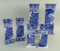 THREE PAIRS CAULDON 'BLUE CHARIOTS' BLUE & WHITE' PRINTED SQUARE SPILL VASES, on slightly flared