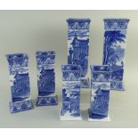 THREE PAIRS CAULDON 'BLUE CHARIOTS' BLUE & WHITE' PRINTED SQUARE SPILL VASES, on slightly flared