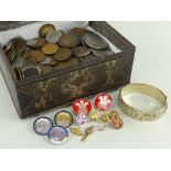 ASSORTED JEWELLERY & COINS comprising gold plated bangle, plated earrings and swimming medals etc,