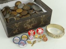 ASSORTED JEWELLERY & COINS comprising gold plated bangle, plated earrings and swimming medals etc,