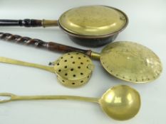 ANTIQUE BRASS ORNAMENTS, including chestnut roaster, ladle and two warming pans, largest 110cms (4)