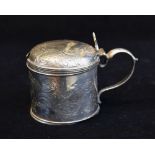 EARLY VICTORIAN SILVER DRUM MUSTARD POT, London 1844, domed cover with shell thumbpiece, engraved
