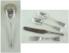 GROUP MID-19TH CENTURY RUSSIAN ENGRAVED SILVER FLATWARE, various makers and dates, including a