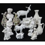 ASSORTED BISQUE PORCELAIN FIGURES, VASES, including model of a fawn, pair of floral encrusted and