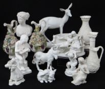 ASSORTED BISQUE PORCELAIN FIGURES, VASES, including model of a fawn, pair of floral encrusted and