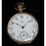 GEORGE V 9CT GOLD WALTHAM OPEN FACE POCKET WATCH, the white enamel dial having subsidiary seconds