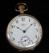 GEORGE V 9CT GOLD WALTHAM OPEN FACE POCKET WATCH, the white enamel dial having subsidiary seconds