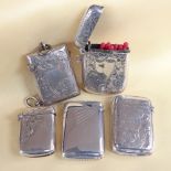 FIVE SIMILAR SILVER VESTA CASES of small rectangular form, four engraved and one plain, Birmingham
