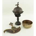 THREE ITEMS OF TIBETAN & CHINESE METALWARE, comprising a brass and iron tantric Buddhist flaying