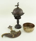 THREE ITEMS OF TIBETAN & CHINESE METALWARE, comprising a brass and iron tantric Buddhist flaying