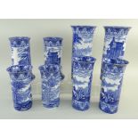 FOUR PAIRS OF CAULDON 'BLUE CHARIOTS' BLUE & WHITE' PRINTED SPILL VASES with flared rims, one pair