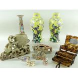 ASSORTED ASIAN ORNAMENTS including Canton Famille Rose candlestick, spoon and cylinder box, pair