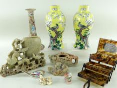 ASSORTED ASIAN ORNAMENTS including Canton Famille Rose candlestick, spoon and cylinder box, pair