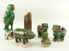 ASSORTED CHINESE POTTERY, including Ming-style green glazed model of a pig, 12.5cms long, pair of