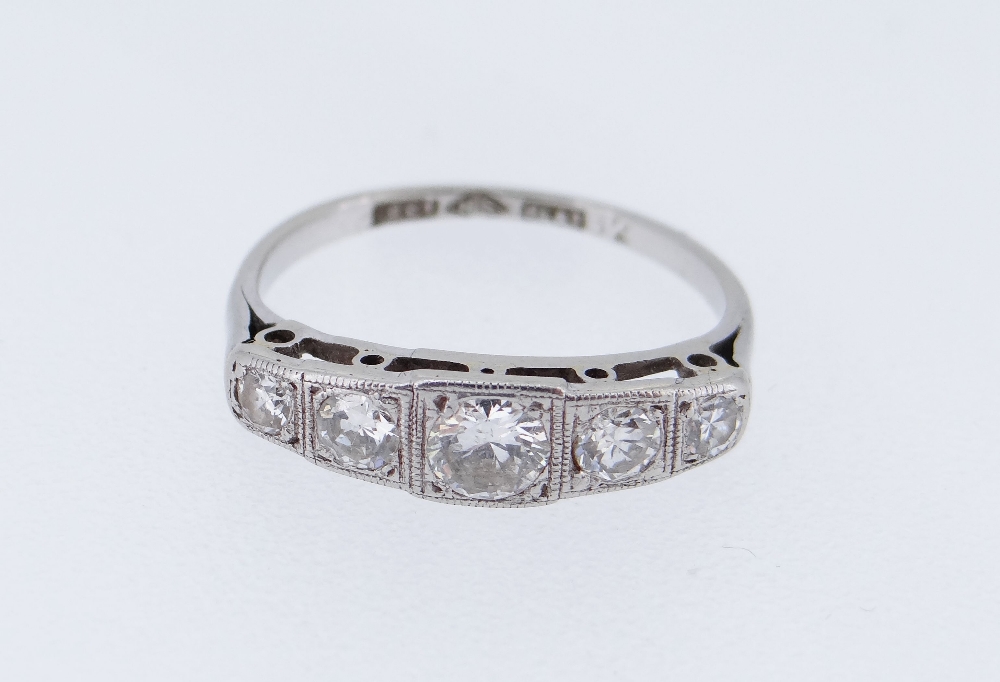 18CT WHITE GOLD & PLATINUM FIVE-STONE DIAMOND RING, in Art Deco style, the central stone 0.25cts - Image 2 of 2