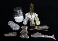 GROUP OF TEN SILVER, PLATED & BRASS NOVELTY VESTA CASES comprising man in top hat, musical