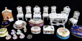 ASSORTED CONTINENTAL CHINA MINIATURES & HALCYON DAYS BOXES, including dining table suite Comments: