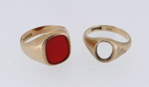 TWO 9CT GOLD RINGS comprising carnelian ring and another lacking stone, 7.6gms (2)