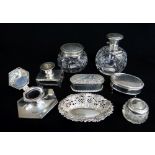 ASSORTED SILVER DRESSING TABLE ACCESSORIES, including pair cut glass spherical bottles, oval trinket