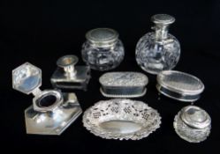 ASSORTED SILVER DRESSING TABLE ACCESSORIES, including pair cut glass spherical bottles, oval trinket