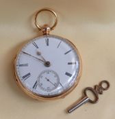 18CT GOLD OPEN FACE POCKET WATCH, the white enamel dial with subsidiary seconds dial and Roman