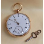 18CT GOLD OPEN FACE POCKET WATCH, the white enamel dial with subsidiary seconds dial and Roman