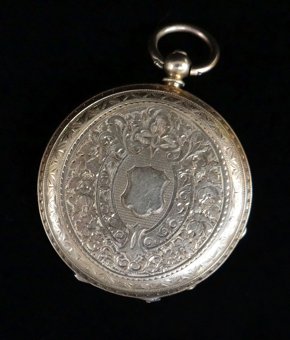 18K GOLD FOB WATCH, overall engraved, the dial having Roman numerals and foliate decoration, 32.4gms - Image 2 of 2