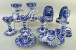 ASSORTED CAULDON 'BLUE CHARIOTS' BLUE & WHITE PRINTED CHAMBERSTICKS & NIGHT LIGHT HOLDERS, C.1920-