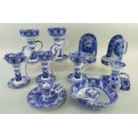 ASSORTED CAULDON 'BLUE CHARIOTS' BLUE & WHITE PRINTED CHAMBERSTICKS & NIGHT LIGHT HOLDERS, C.1920-