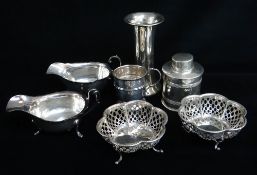 ASSORTED ORNAMENTAL SILVERWARE, including pair of pierced lobed bonbon dishes, pair cut-card sauce