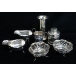 ASSORTED ORNAMENTAL SILVERWARE, including pair of pierced lobed bonbon dishes, pair cut-card sauce