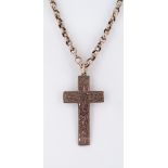 FLORALLY ENGRAVED CROSS PENDANT on 9ct gold chain, the chain weighing 6.9gms