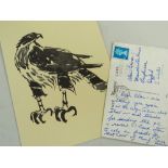 SIR KYFFIN WILLIAMS RA / AERONWY THOMAS (1) greeting card with copy of a drawing of a hawk by Sir