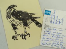 SIR KYFFIN WILLIAMS RA / AERONWY THOMAS (1) greeting card with copy of a drawing of a hawk by Sir